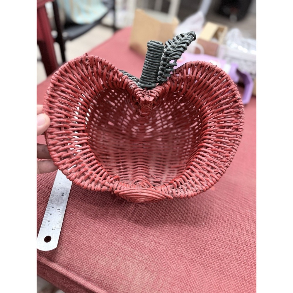 Vintage Red Apple Shape Wicker Basket Green Leaves